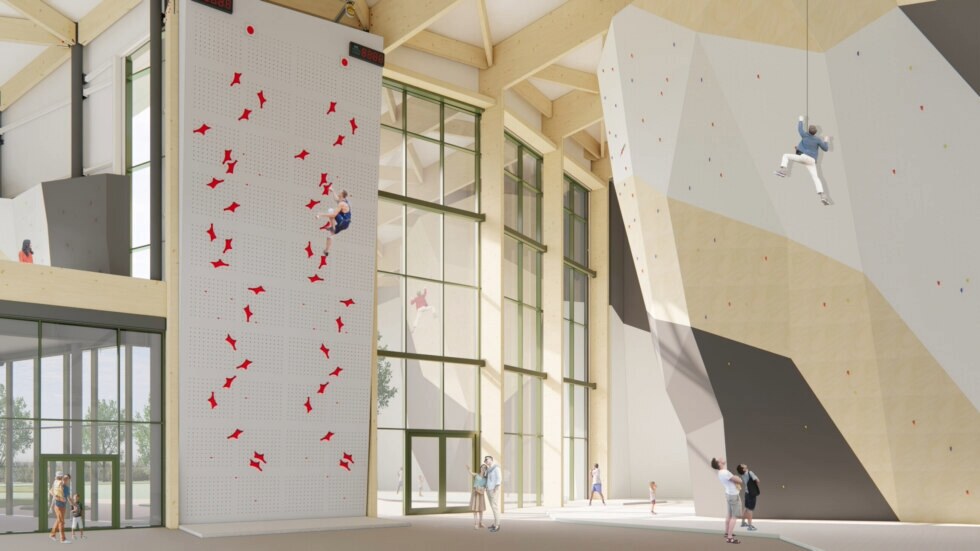 3D-visualisatie van een klimzaal met een witte speedwand met rode grepen en een hoge leadwand onder een houten dakconstructie